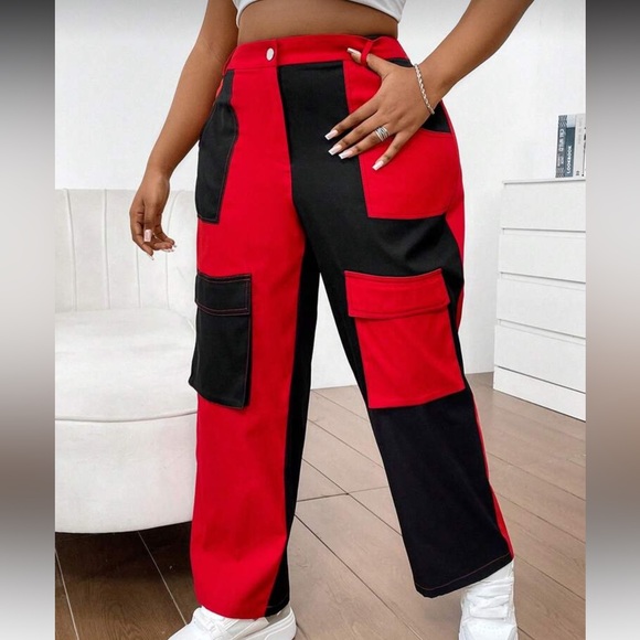 Flirla Plus Size Color Block Slanted Pocket Straight Leg Cargo Pants - Picture 6 of 9